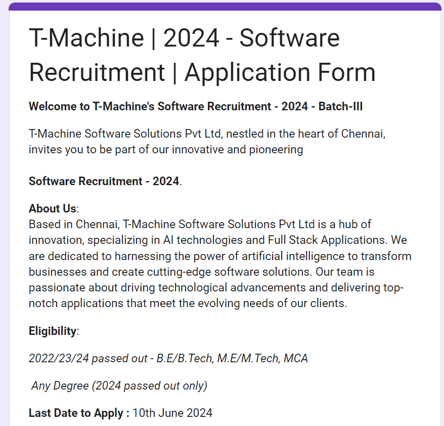 T-Machine Off-campus Drive 2024 hiring Software Engineer