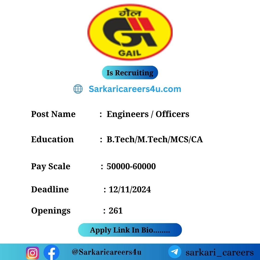 GAIL Engineers / Officers Recruitment 2024: 261 Openings