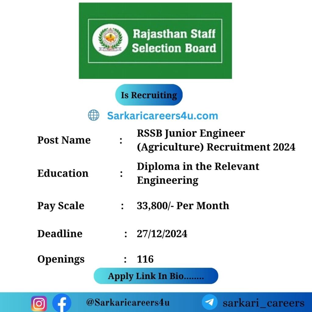 RSSB Junior Engineer (Agriculture) Recruitment 2024 116 Openings