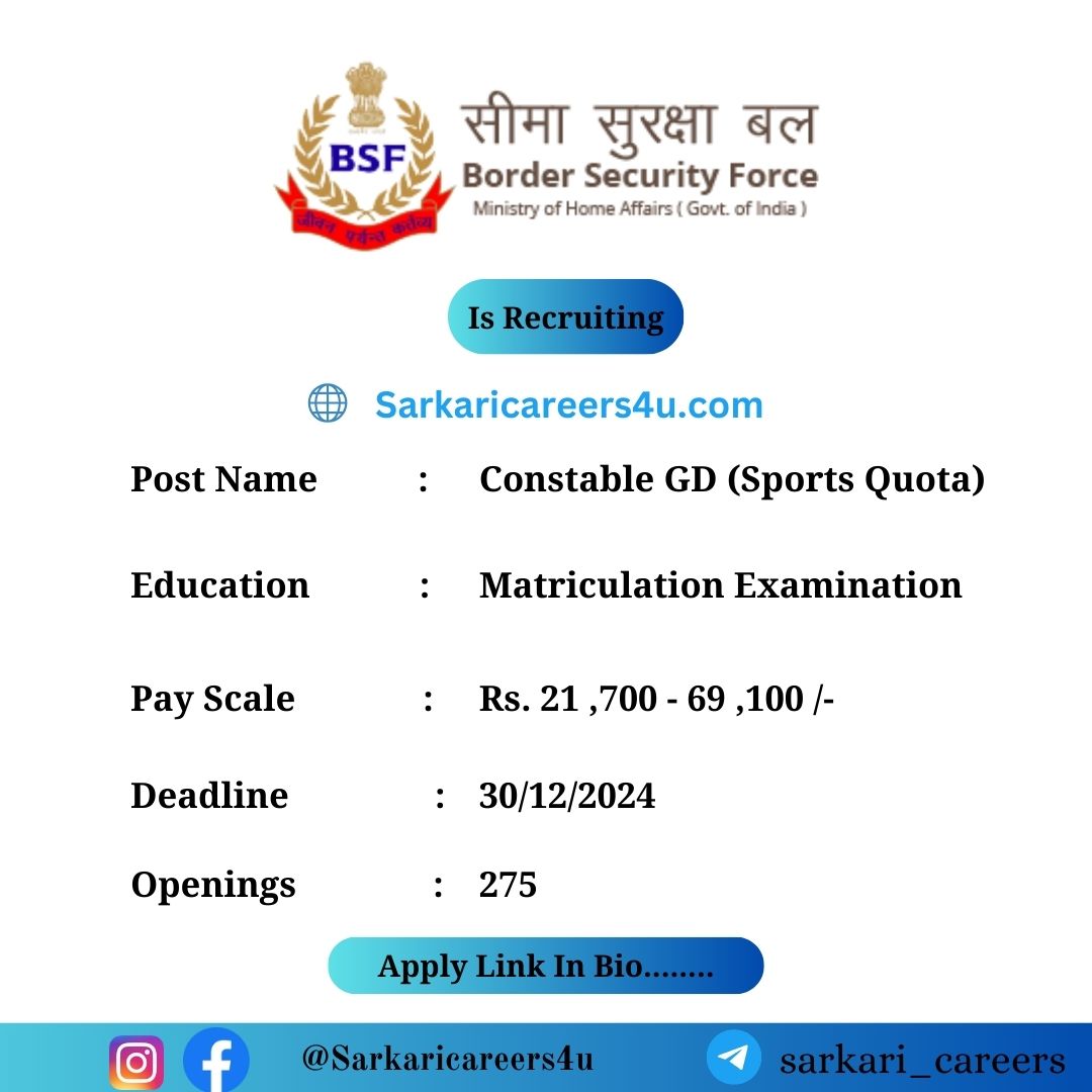 BSF Constable GD (Sports Quota)  Recruitment 2024: 275 Openings