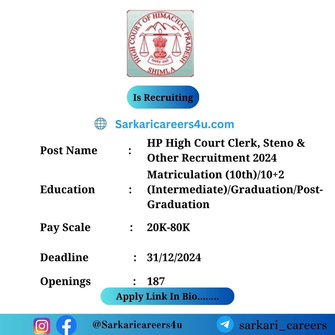 HP High Court Clerk, Steno & Other  Posts Recruitment 2024: 187 Openings