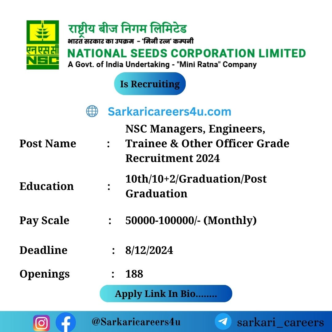 National Seed Corporation Managers, Engineers, Trainee & Other Officer Grade Recruitment 2024: 188 Openings