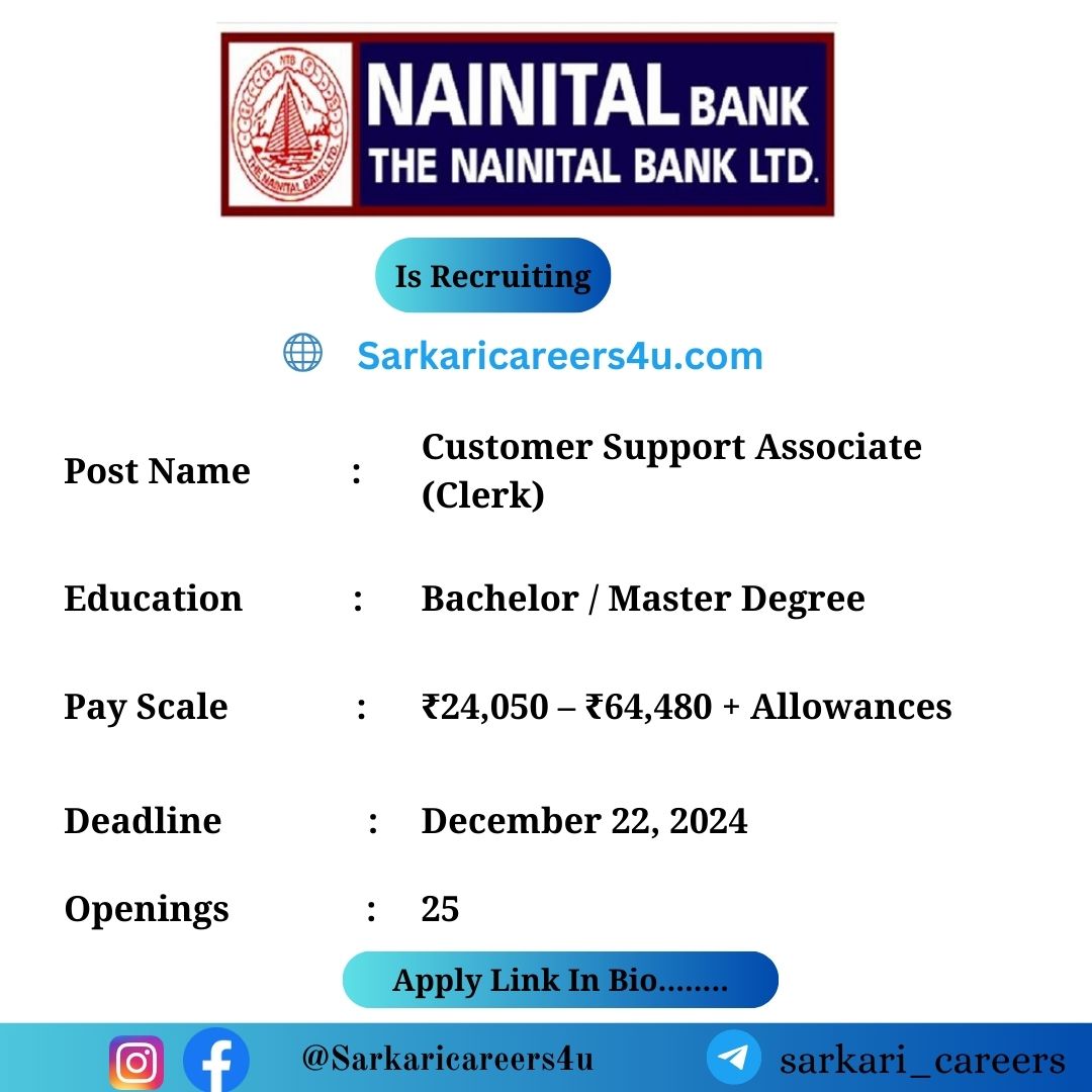 Nainital Bank Customer Support Associate (Clerk) Recruitment 2024: 25 Openings