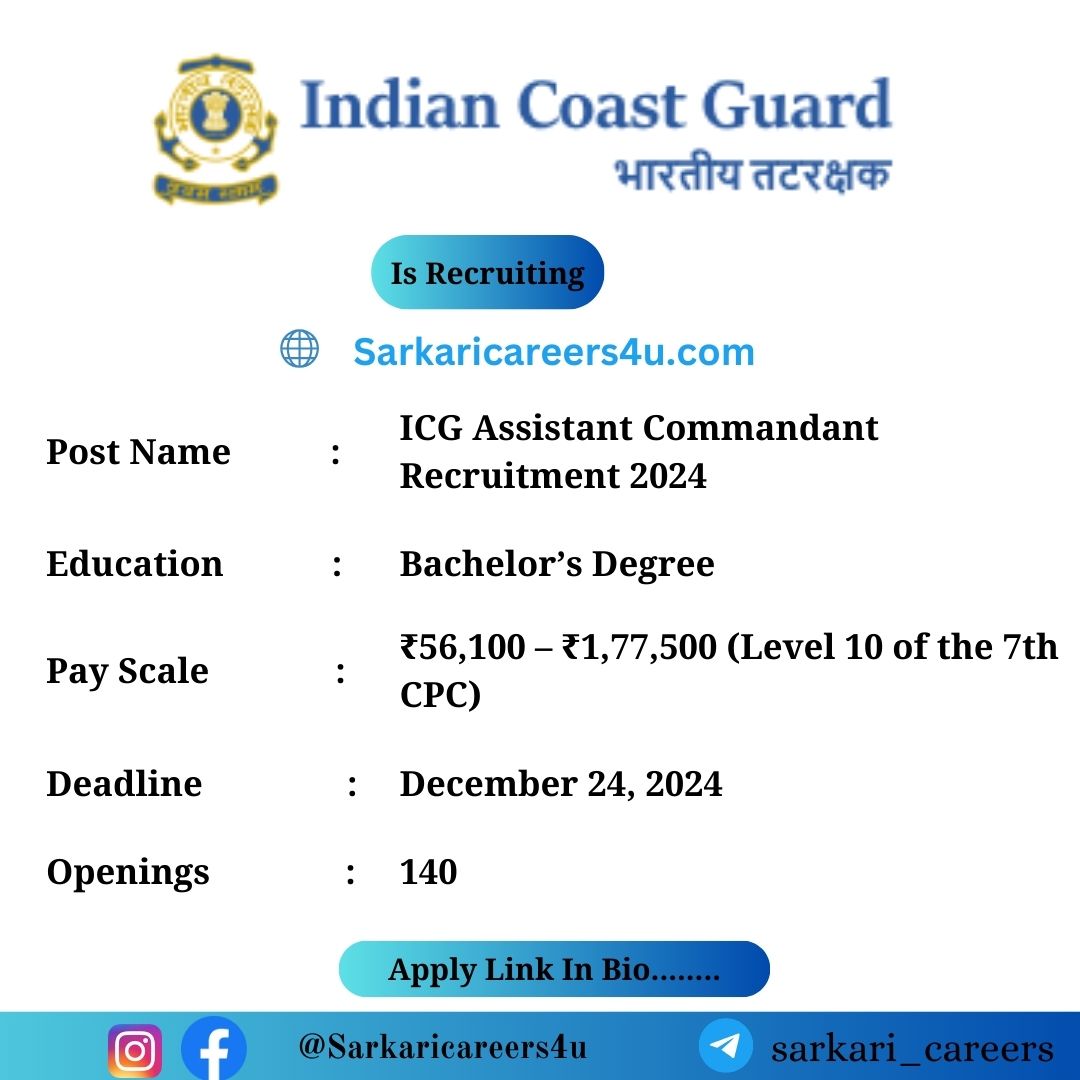 Indian Coast Guard Assistant Commandant Recruitment 2024: 140 Openings