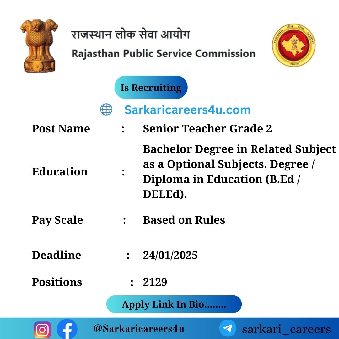 RPSC Senior Teacher Grade II TGT Teacher Recruitment 2024: 2129 Openings