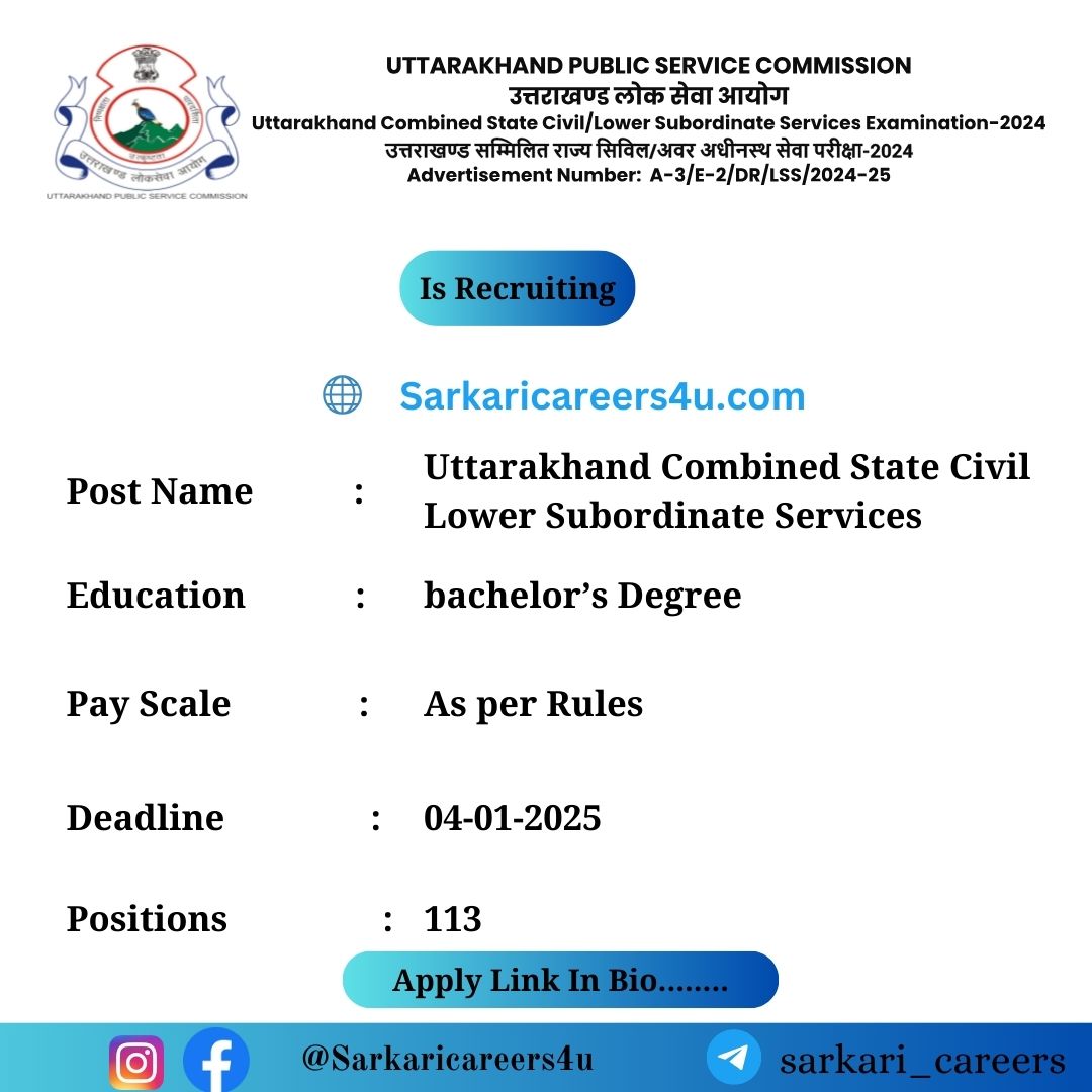 UKPSC Uttarakhand Combined State Civil Lower Subordinate Services Recruitment 2024: 113 Openings