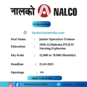 NALCO Junior Operative Trainee Recruitment 2024: 518 Openings