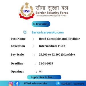 Border Security Force Head Constable and Havildar Recruitment 2024: 252 Openings