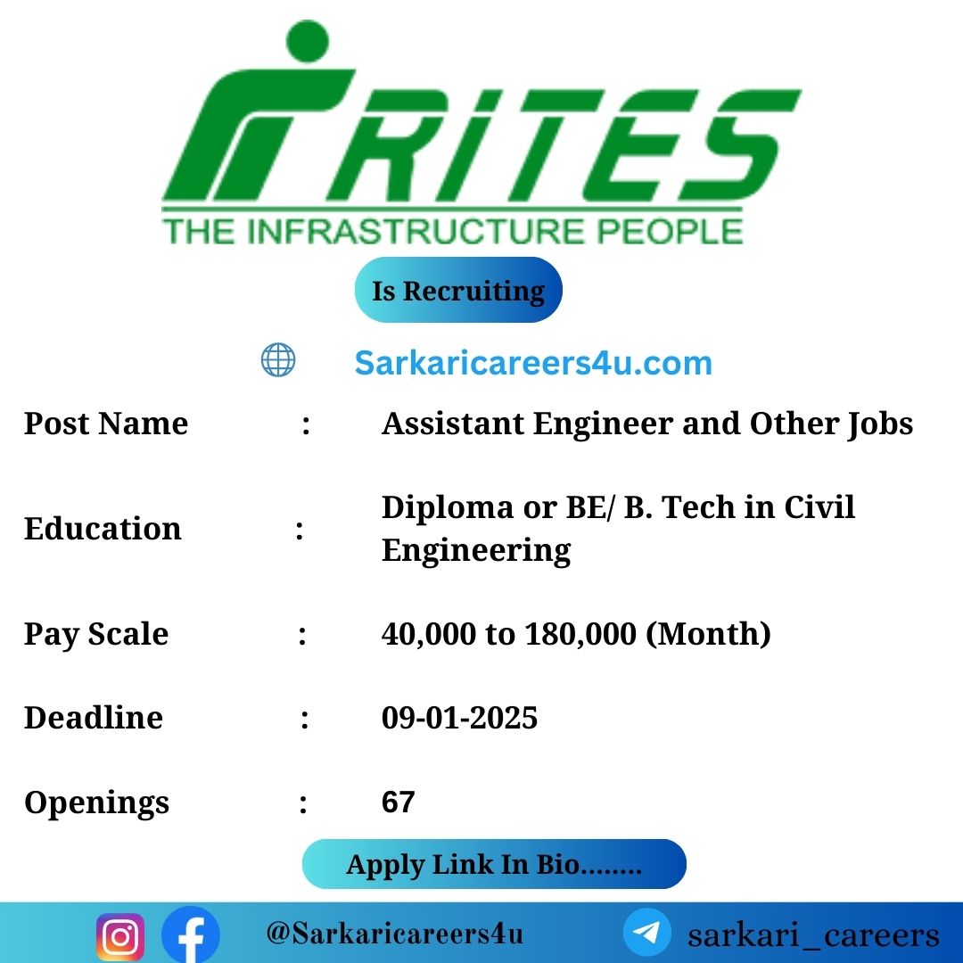 RITES Assistant Engineer and Other Jobs Recruitment 2024: 67 Openings