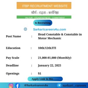 ITBP Head Constable & Constable in Motor Mechanic Recruitment 2024: 51 Openings