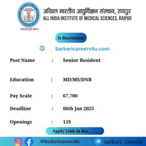 AIIMS Raipur Senior Resident  Recruitment 2024: 115 Openings