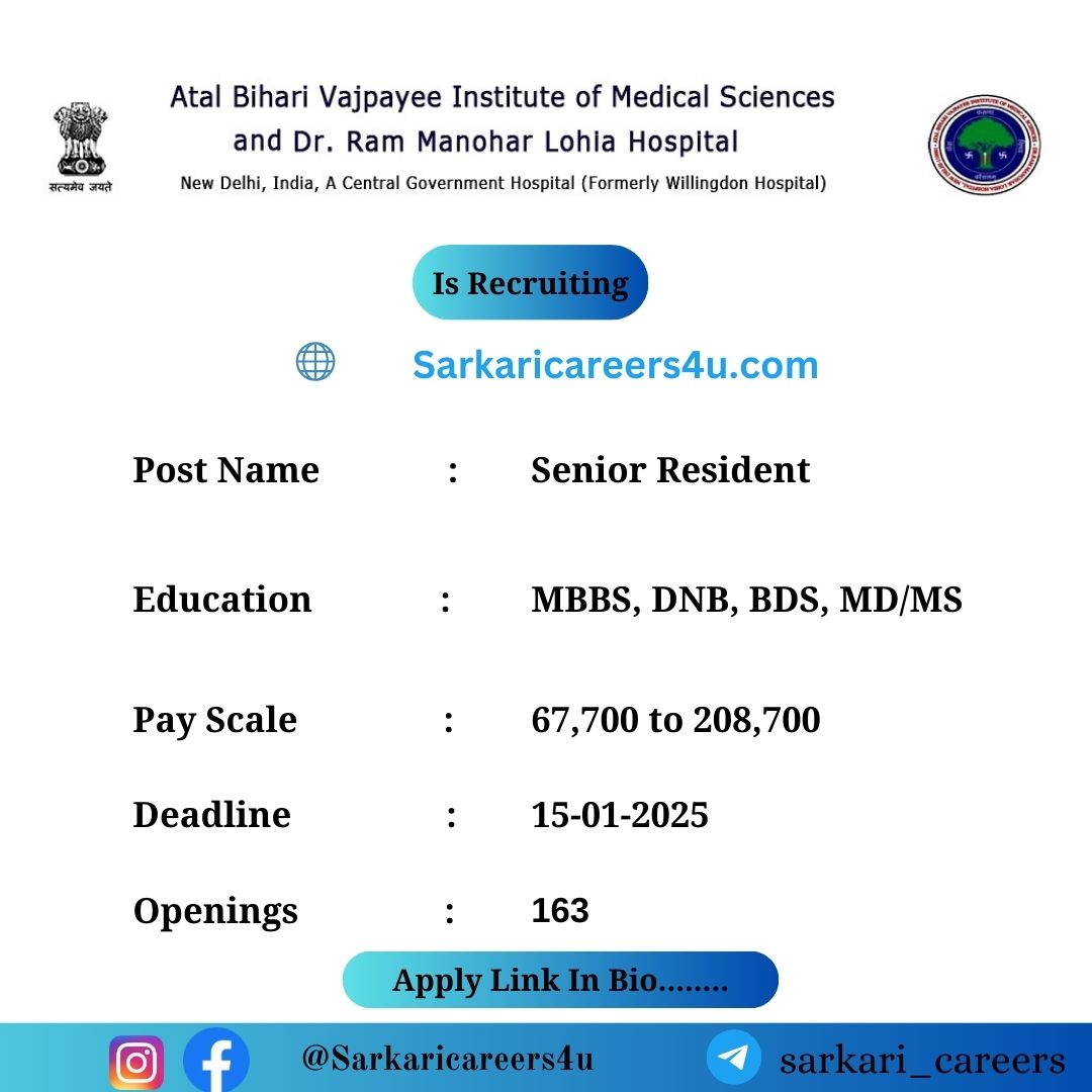 RMLH Senior Resident Recruitment 2024: 163 Openings