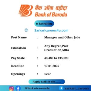 Bank of Baroda  Manager and Other jobs Recruitment 2025: 1267 Openings