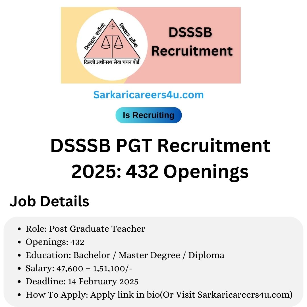 DSSSB PGT Recruitment 2025: 432 Openings, Apply Soon!